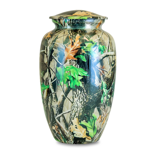 Brass cremation urn with an all-over camouflage pattern finish and a plain lid