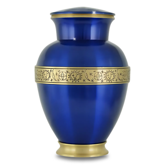 Deep blue lacquered brass cremation urn with a rounded body and threaded top lid