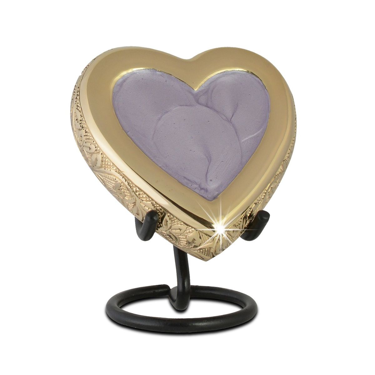 Pale lilac heart-shaped keepsake urn on brass with a smooth front face