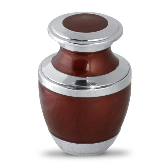 Small red lacquered brass keepsake urn with plain sides and a threaded domed lid