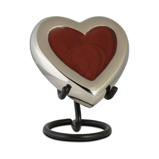 Deep red heart keepsake urn on brass with a plain unbroken front face