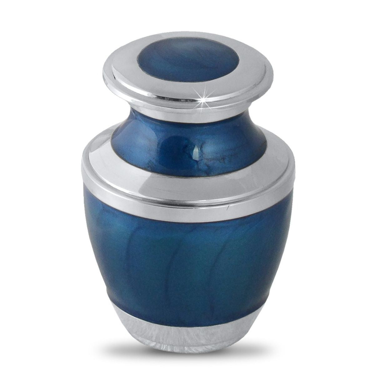 Small blue keepsake urn with a plain square body, domed lid and no decoration