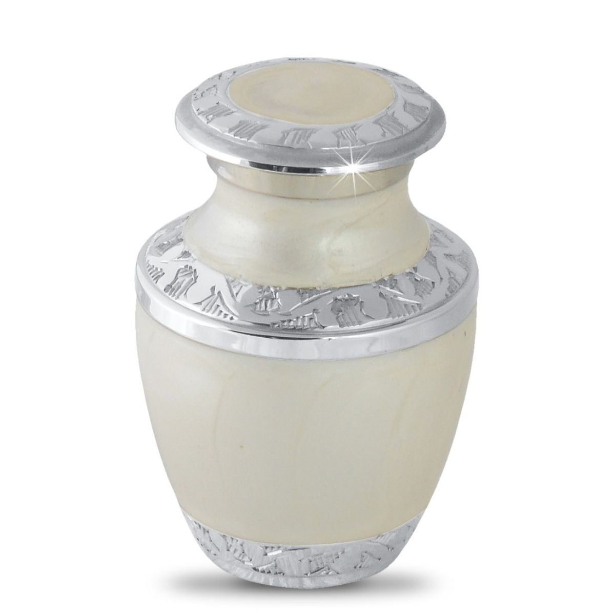 White aluminum keepsake urn with a raised painted floral band around the middle
