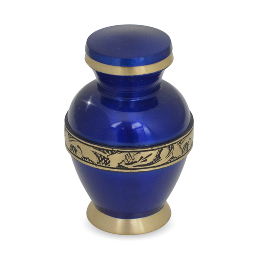 Tall slim brass keepsake urn with a polished body and a narrow rectangular base