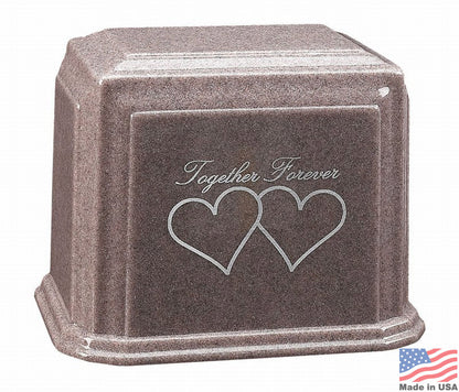 Wide polished granite companion urn in grey stone with a flat lid and base opening