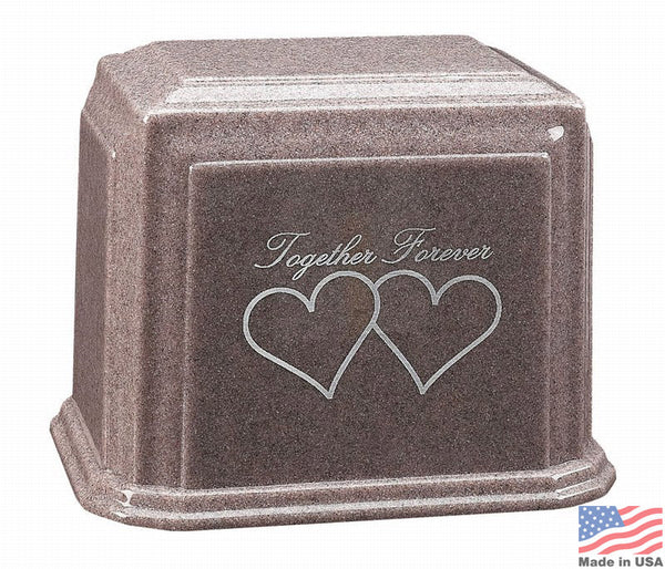 Wide polished granite companion urn in grey stone with a flat lid and base opening