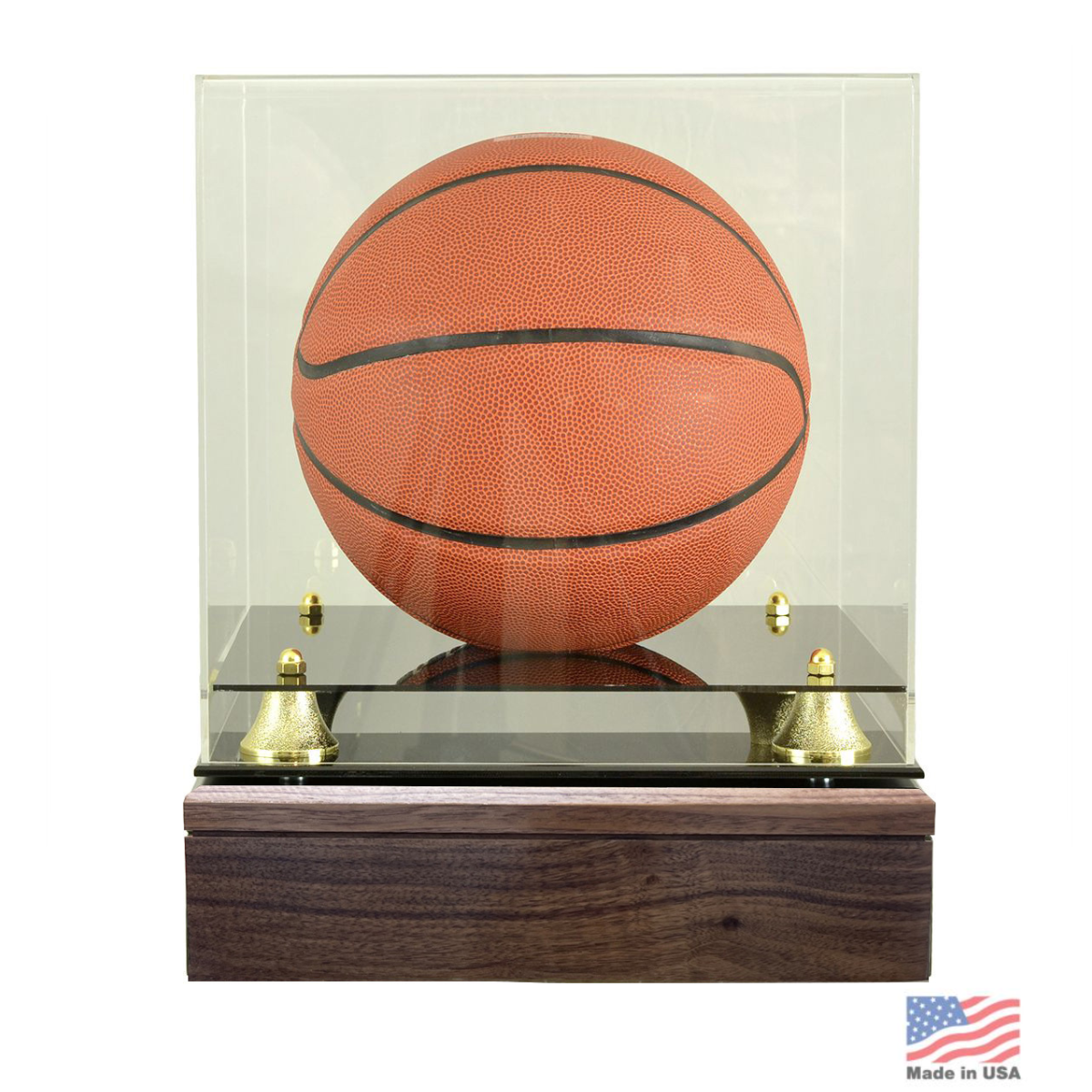 Low wide wooden cremation urn with a basketball design across the display face