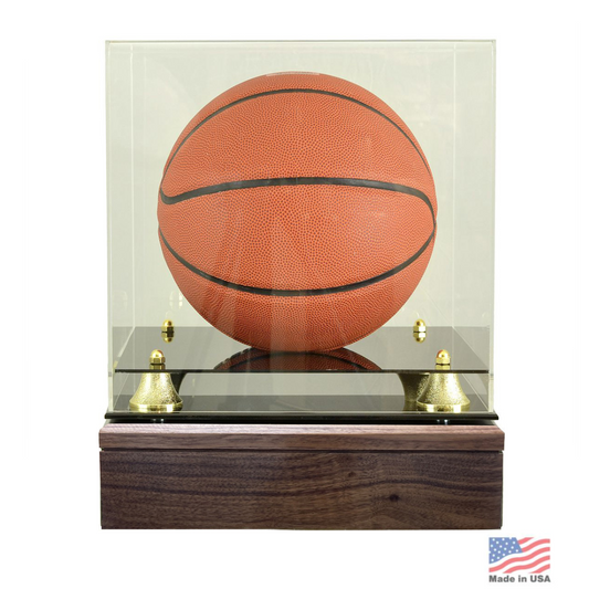 Low wide wooden cremation urn with a basketball design across the display face