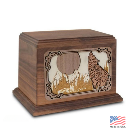 Wood cremation urn with a wolf head carved in deep relief, fur worked in fine lines