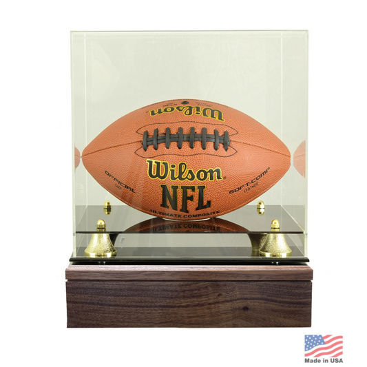 Low wide wooden cremation urn built as a football display piece with a flat top