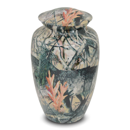 Aluminum cremation urn finished in woodland camouflage pattern with a removable top lid