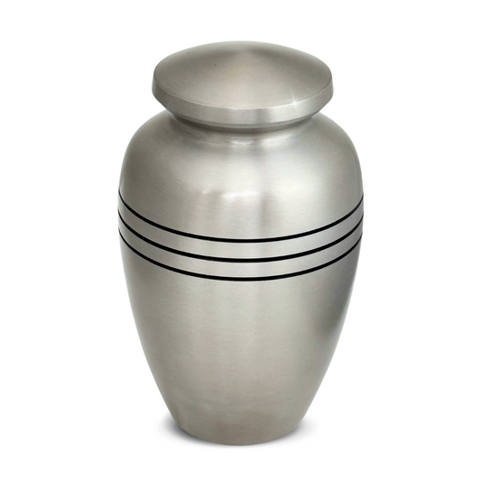 Cremation urn in brass with a matte grey pewter finish and a smooth plain body