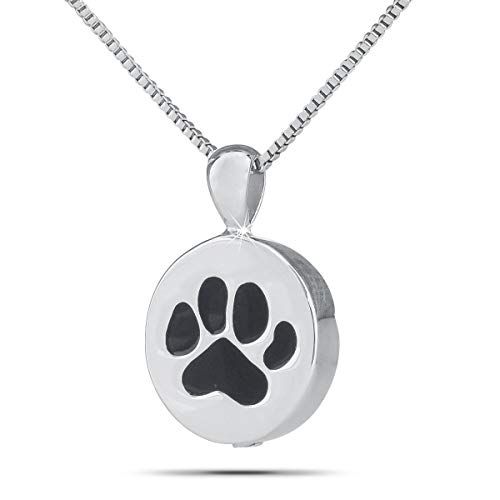 Silver paw print cremation pendant one inch tall with four toes above a rounded pad