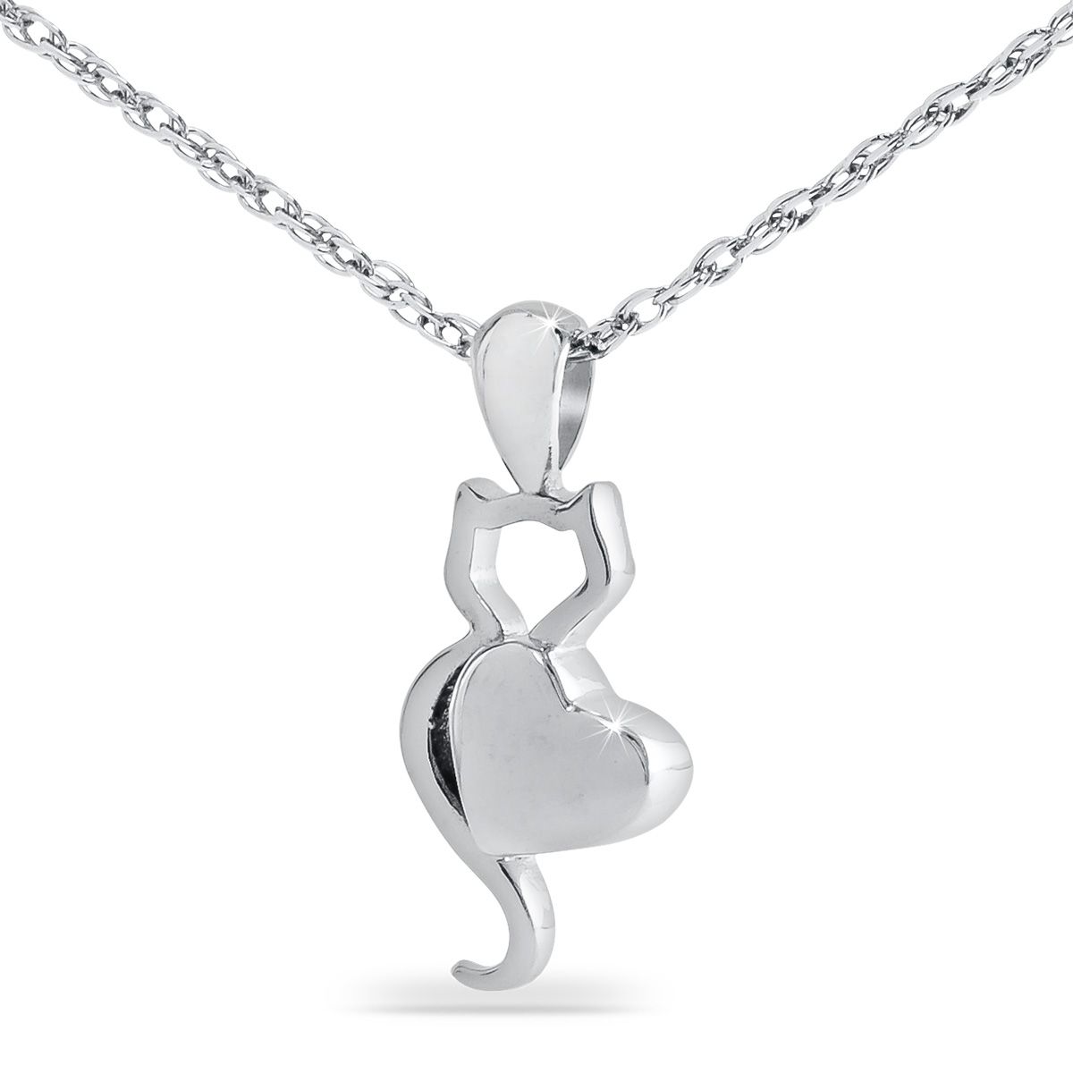 Small silver cat-shaped cremation keepsake pendant with a polished body and curled tail