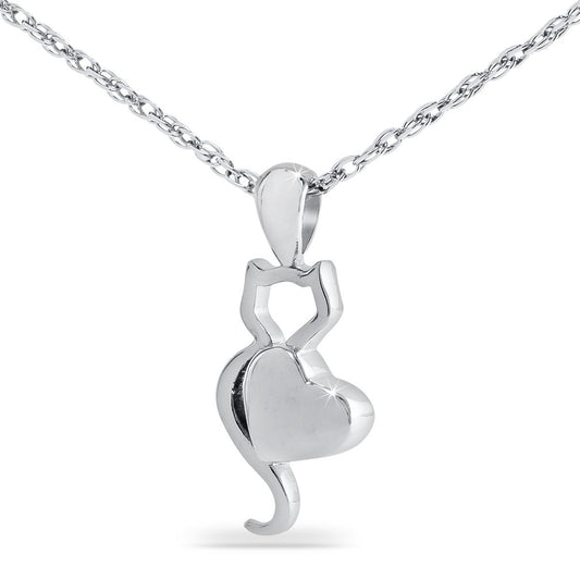 Small silver cat-shaped cremation keepsake pendant with a polished body and curled tail