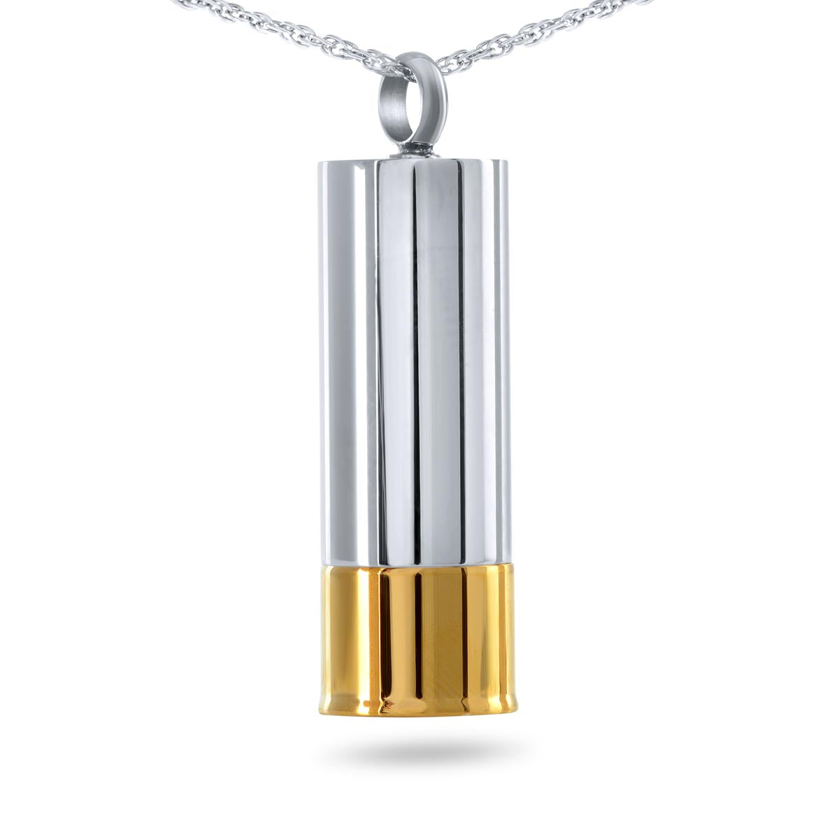 Steel pendant shaped like a 12 gauge shotgun shell with ribbed body and smooth base