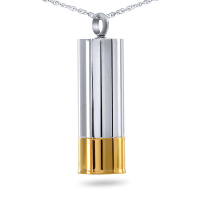Steel pendant shaped like a 12 gauge shotgun shell with ribbed body and smooth base