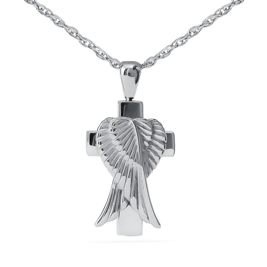 Silver cross pendant an inch and a half tall with polished surfaces and a small screw-top bail