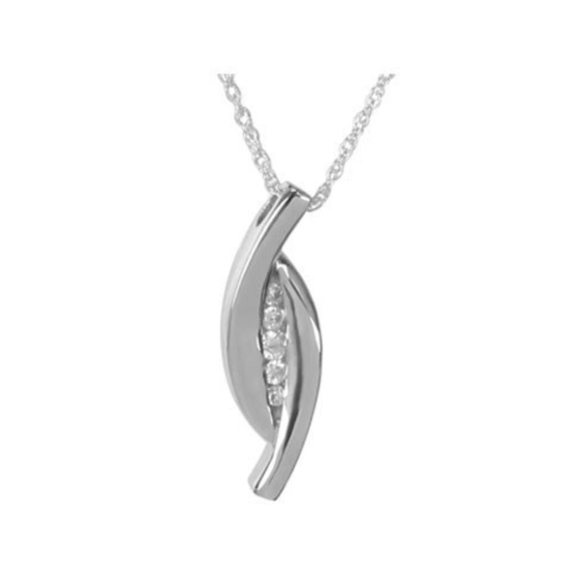 Silver pendant set with cubic zirconia, chain passing through a slider bail