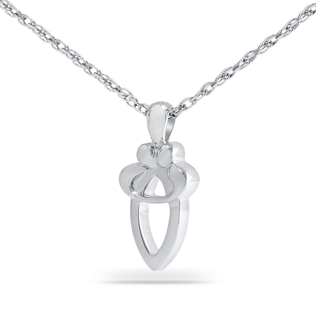 Small silver pendant of two overlapping hearts, one set slightly behind the other