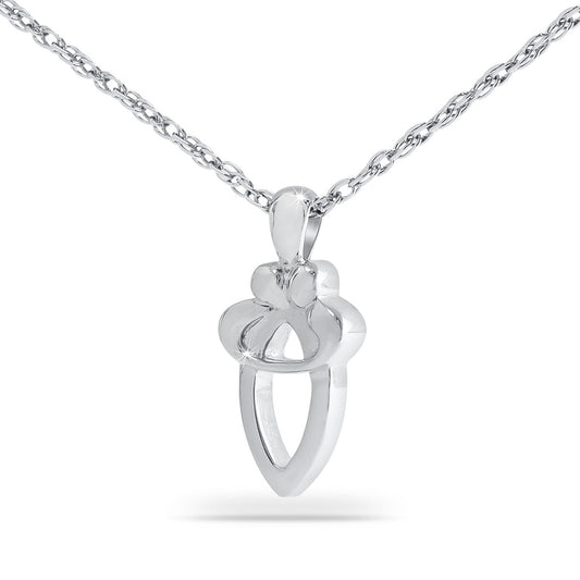 Small silver pendant of two overlapping hearts, one set slightly behind the other