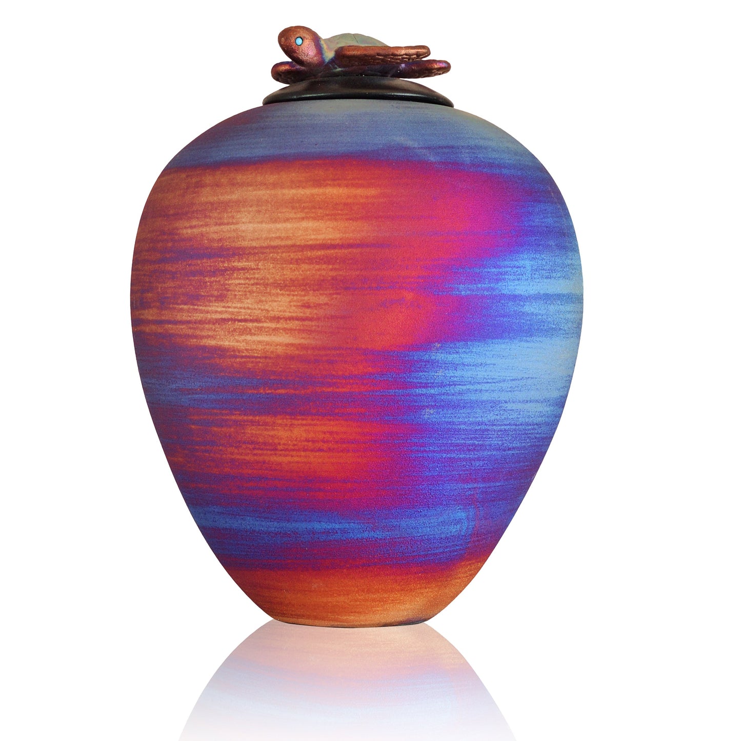 Hand-fired Raku ceramic urn with a turtle motif and a crackled iridescent glaze