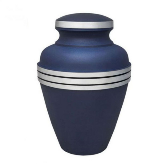 Tall brass cremation urn finished in deep blue with a plain body and lift-off lid