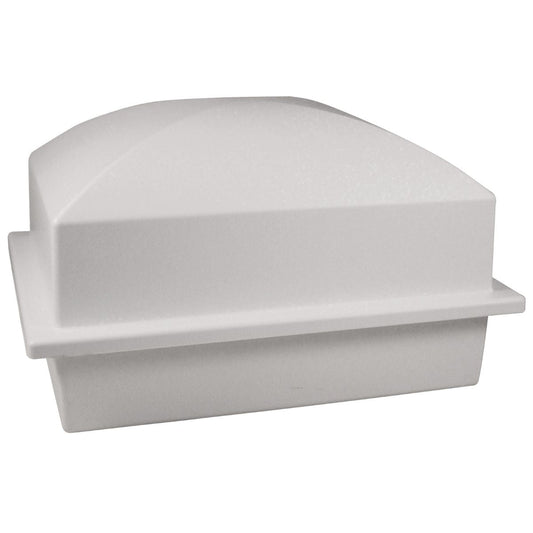 White rectangular burial vault with a separate lift-off lid set beside the base