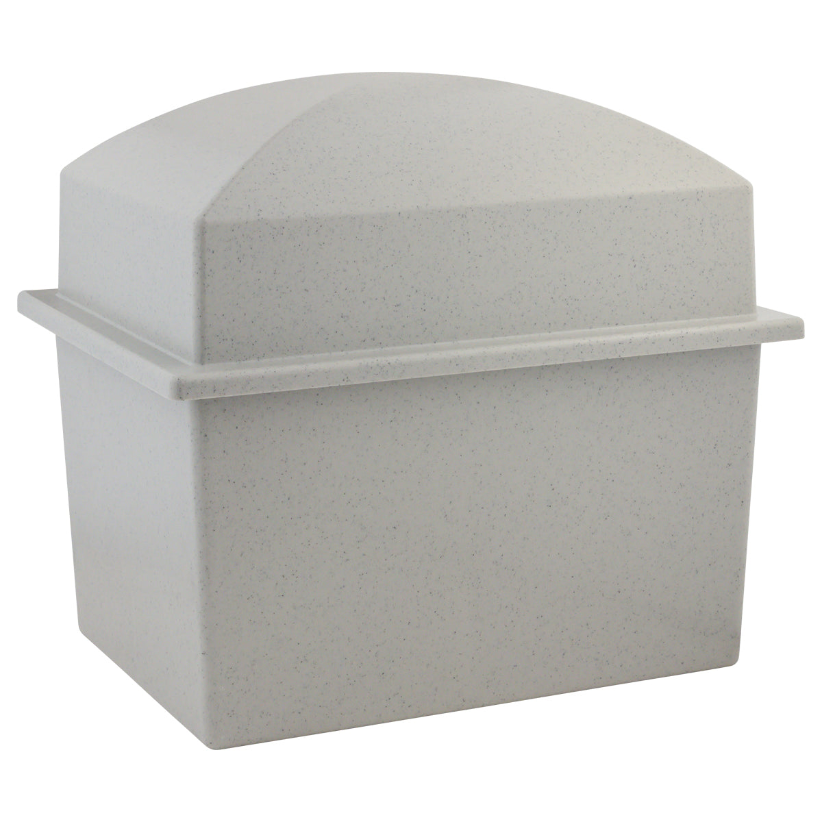 Gray rectangular burial vault with a lift-off lid resting beside the base