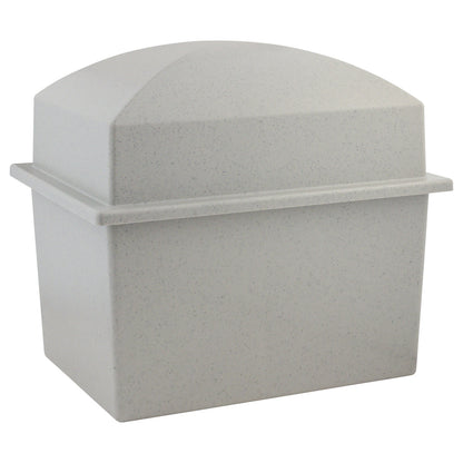 Gray rectangular burial vault with a lift-off lid resting beside the base