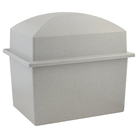 Gray rectangular burial vault with a lift-off lid resting beside the base