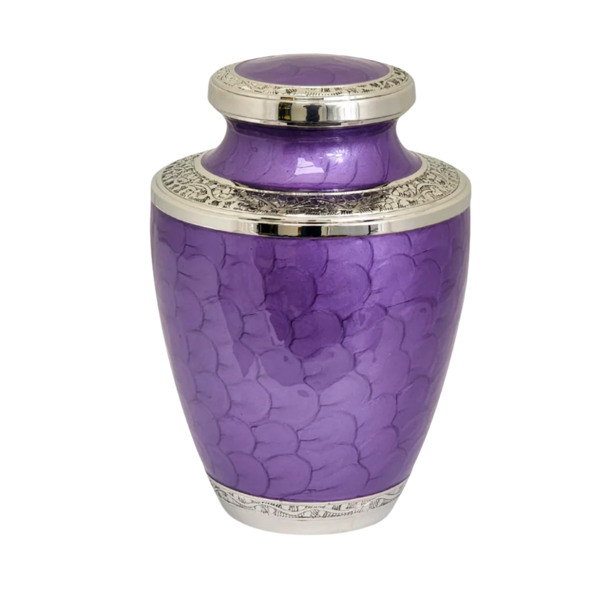Brass cremation urn with a purple floral band around the body and a domed lid