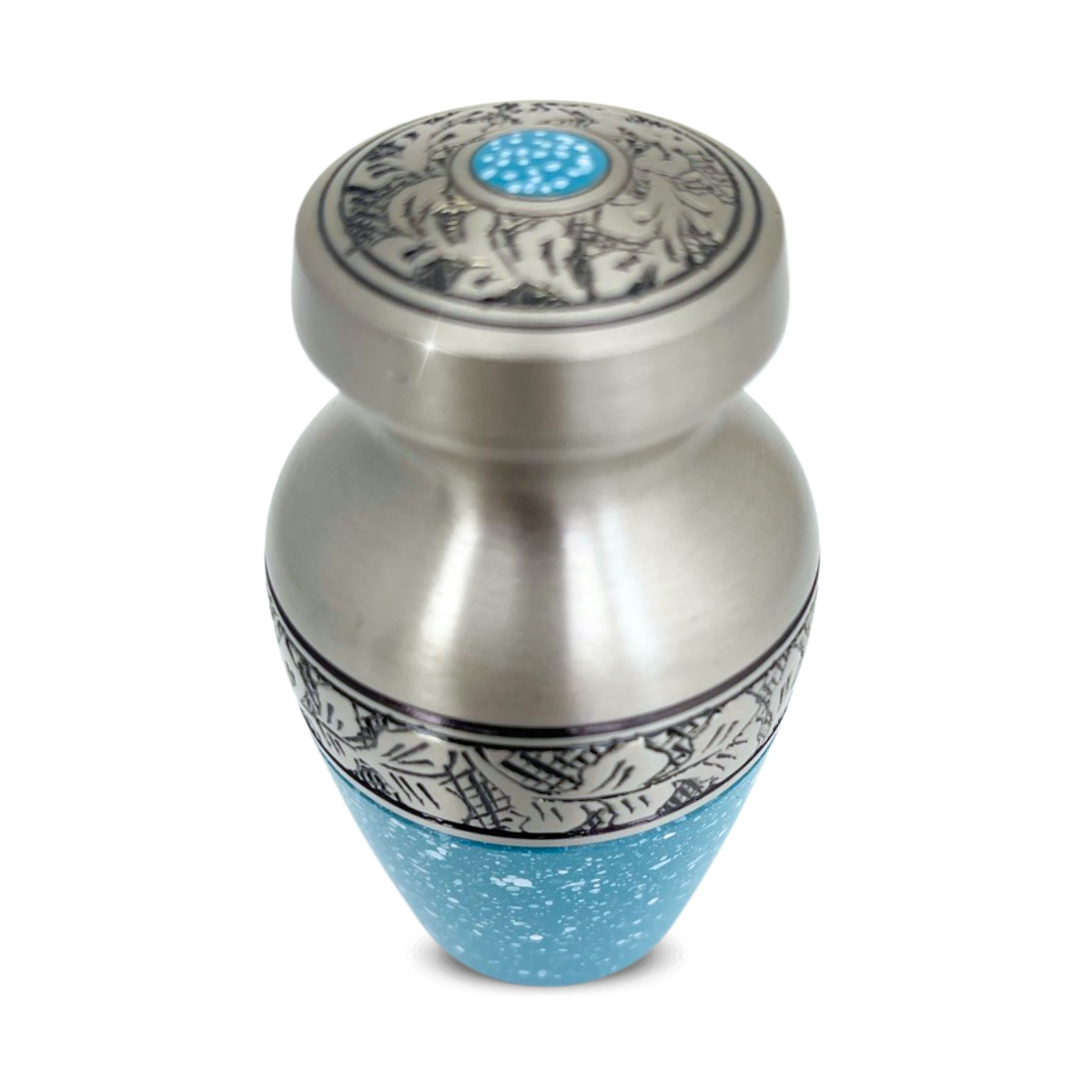 Keepsake urn finished in plain azure blue with a smooth undecorated body and fitted lid