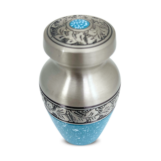 Keepsake urn finished in plain azure blue with a smooth undecorated body and fitted lid
