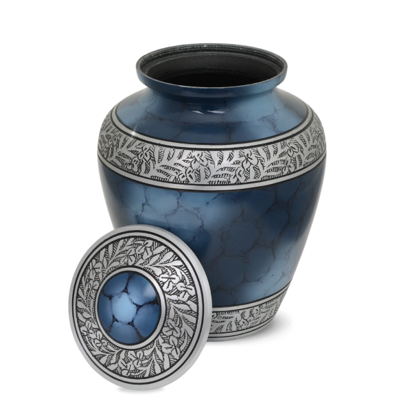 Rounded aluminum cremation urn finished in deep blue with a lift-off top lid