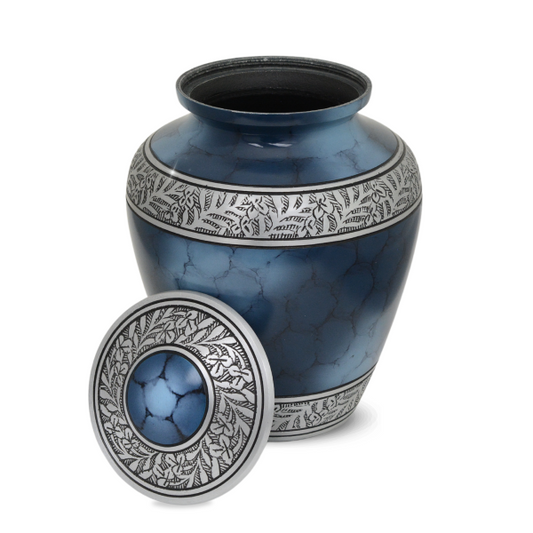 Rounded aluminum cremation urn finished in deep blue with a lift-off top lid
