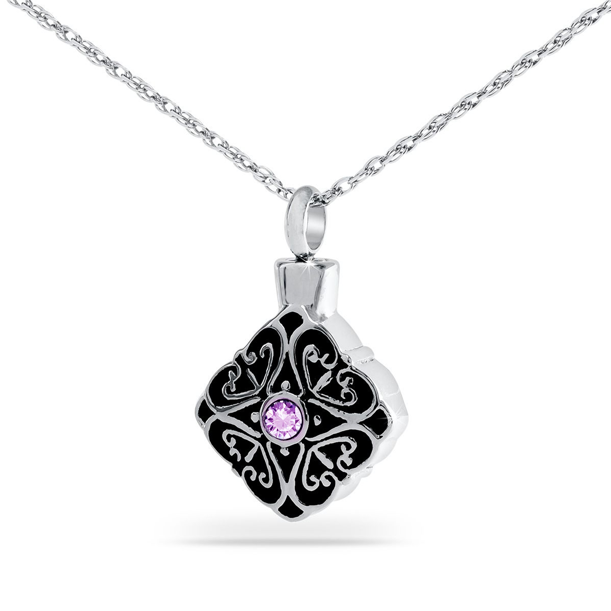 Faceted purple crystal set in a detailed stainless steel pendant with a top opening