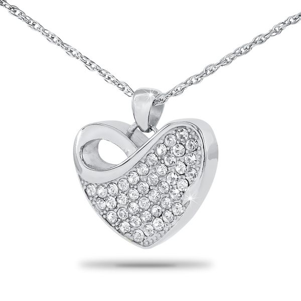 Polished stainless steel pendant set with a clear faceted crystal at the center, on a chain
