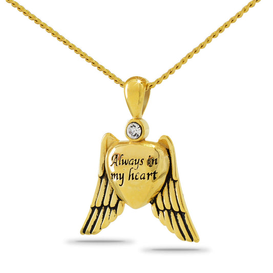 Steel pendant with gold-tone wings framing a heart lettered Always In My Heart