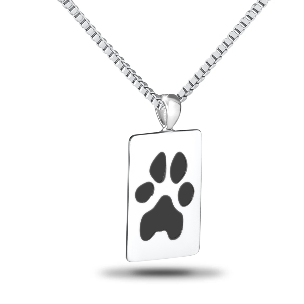 Rectangular steel dog tag with rounded corners and an engraved paw print