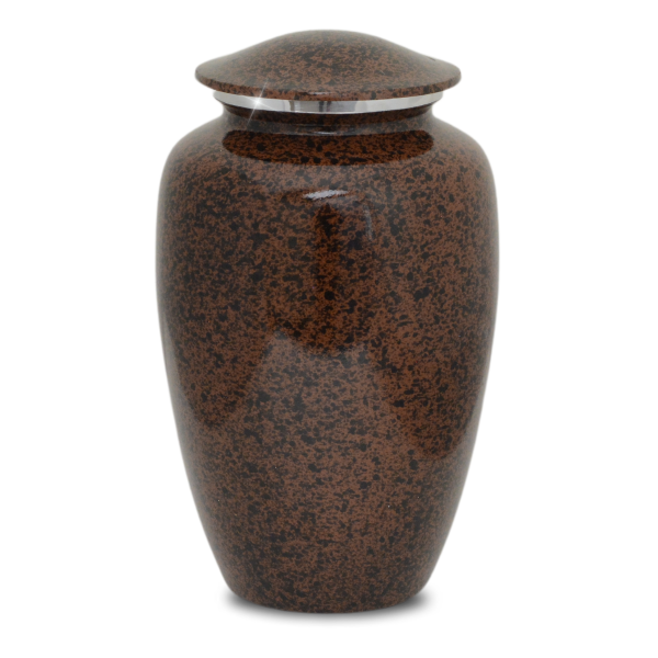 Tall aluminum cremation urn with a rounded body in a deep earth-brown finish