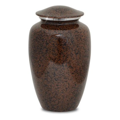Tall aluminum cremation urn with a rounded body in a deep earth-brown finish