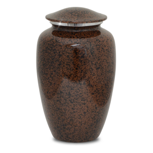 Tall aluminum cremation urn with a rounded body in a deep earth-brown finish