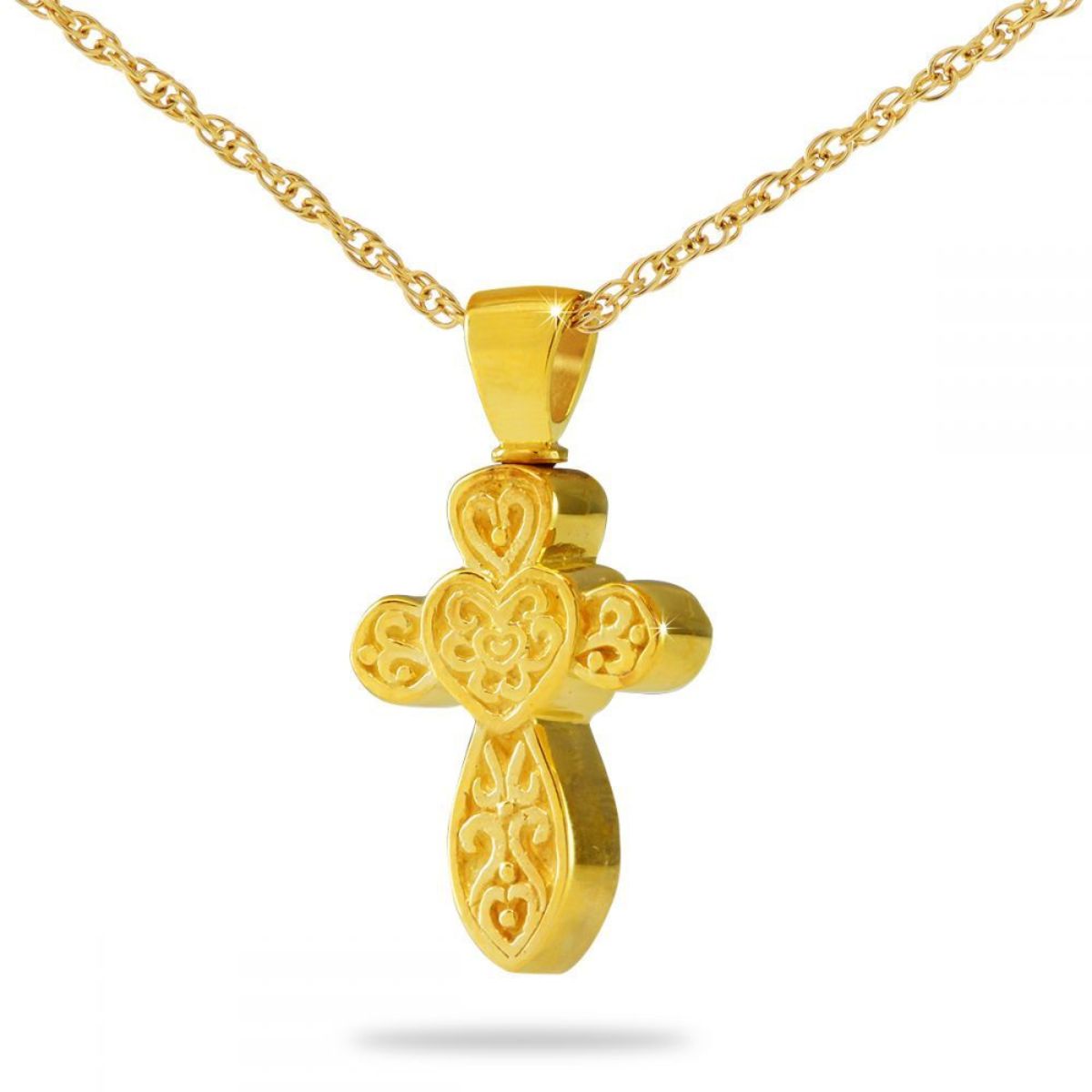 Gold-toned steel cross pendant with square arms and a plain polished surface