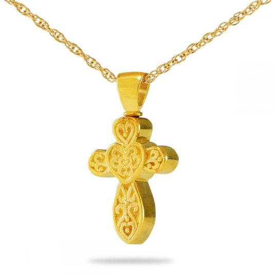 Gold-toned steel cross pendant with square arms and a plain polished surface