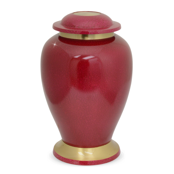 Wine red brass cremation urn polished to a high gloss with a threaded top lid