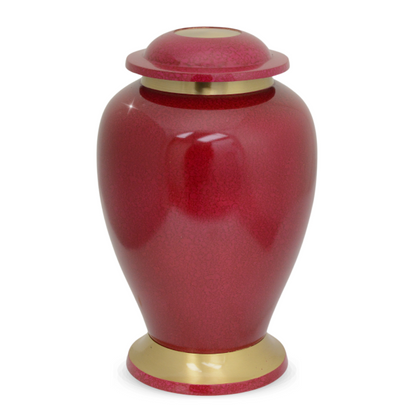 Wine red brass cremation urn polished to a high gloss with a threaded top lid