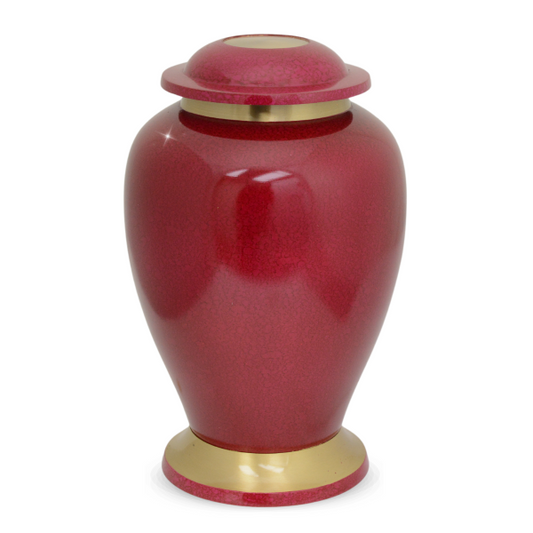 Wine red brass cremation urn polished to a high gloss with a threaded top lid
