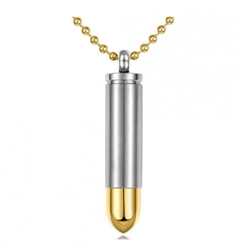 Stainless steel keepsake shaped like a rifle cartridge with a polished gold-tone tip