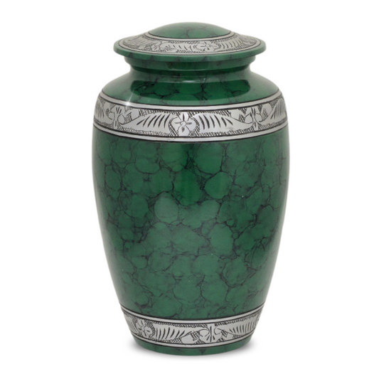 Metal cremation urn with a deep green finish and a rounded body